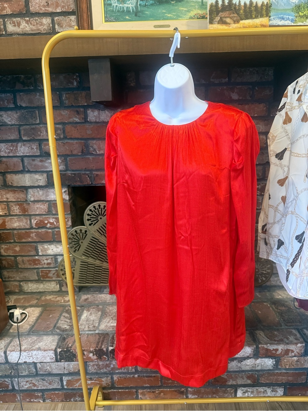 Nine West Red Satin Long Sleeve Pleated Shift Dress Mini Cocktail Size M EUC